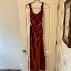 David's Bridal Elegant Rust High Slit Dress